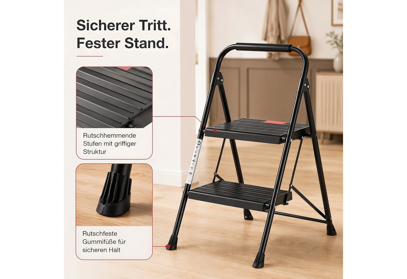 Refined Living Trittleiter 2/3 Stufen klappbar Trittleiter, Klapptritt für Zuhause bis 150 kg (Multifunktionsleiter mit breitem Anti-Rutsch-Pedal und Klappsicherung, stabile Anti-Rutsch-Leiter mit Handlauf kompakte & leichte Klappleiter), Sicherheitsleiter Stufen Leiter für Küche & Büro, Bibliothek, Garten Bild 2