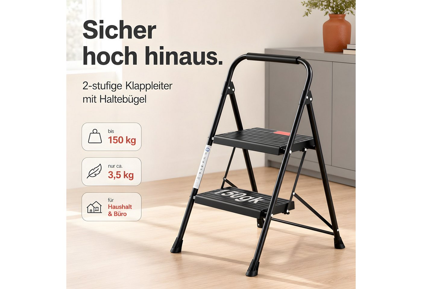 Refined Living Trittleiter 2/3 Stufen klappbar Trittleiter, Klapptritt für Zuhause bis 150 kg (Multifunktionsleiter mit breitem Anti-Rutsch-Pedal und Klappsicherung, stabile Anti-Rutsch-Leiter mit Handlauf kompakte & leichte Klappleiter), Sicherheitsleiter Stufen Leiter für Küche & Büro, Bibliothek, Garten Bild 3