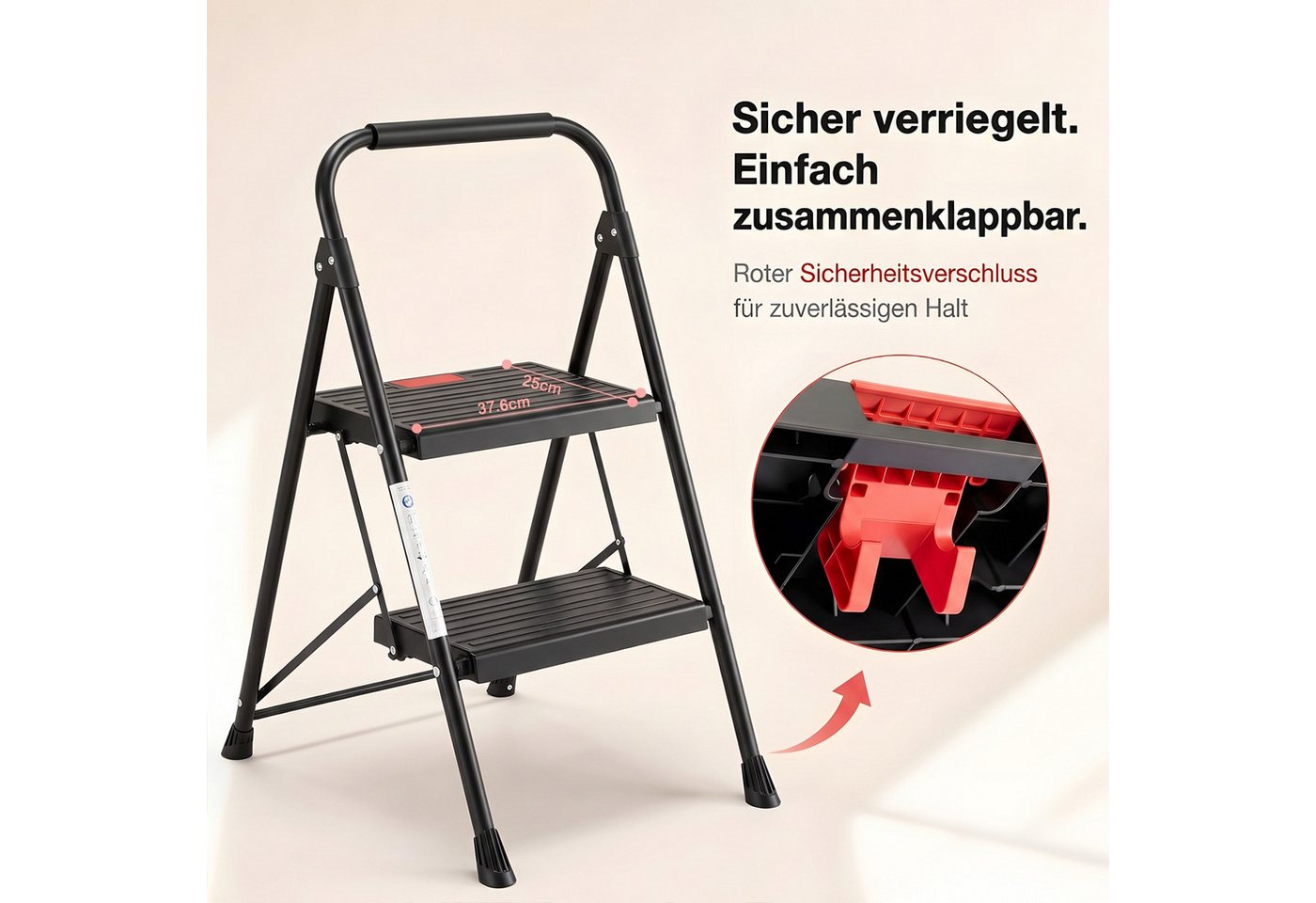 Refined Living Trittleiter 2/3 Stufen klappbar Trittleiter, Klapptritt für Zuhause bis 150 kg (Multifunktionsleiter mit breitem Anti-Rutsch-Pedal und Klappsicherung, stabile Anti-Rutsch-Leiter mit Handlauf kompakte & leichte Klappleiter), Sicherheitsleiter Stufen Leiter für Küche & Büro, Bibliothek, Garten Bild 4