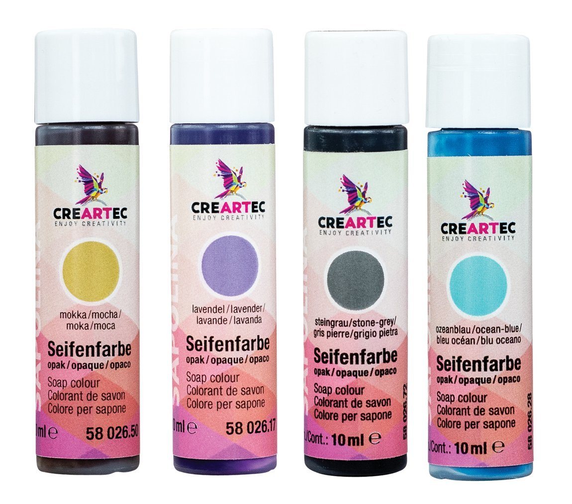 CREARTEC Farbpigment Seifenfarben Opak 4er Set - Steingrau, Mocca, Lavendel, Oceanblau, Inhalt jeweils 10ml - Made in Germany