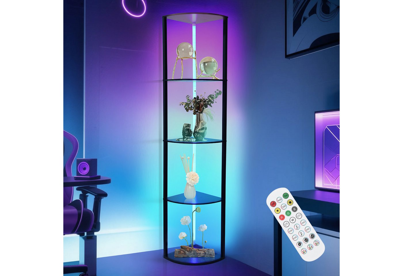 XERSEK Eckregal LED Standregal Bücherregal Vitrine Dimmbar mit Fernbedienung Smart, Metallrahmen Regal 4-6 Ablagen, Für Wohnzimmer / Schlafzimmer / Flur / Büro