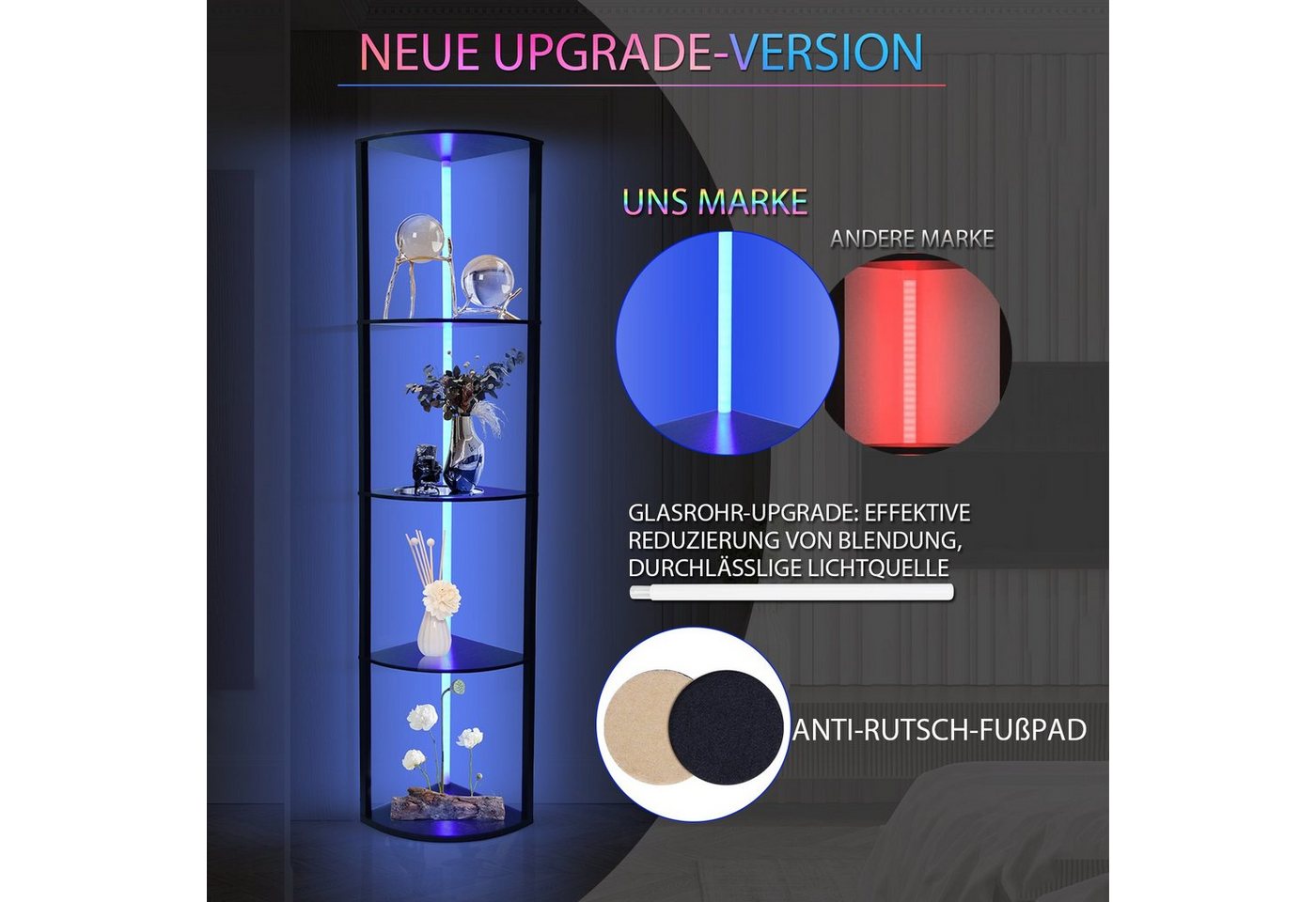 XERSEK Eckregal LED Standregal Bücherregal Vitrine Dimmbar mit Fernbedienung Smart, Metallrahmen Regal 4-6 Ablagen, Für Wohnzimmer / Schlafzimmer / Flur / Büro Bild 4