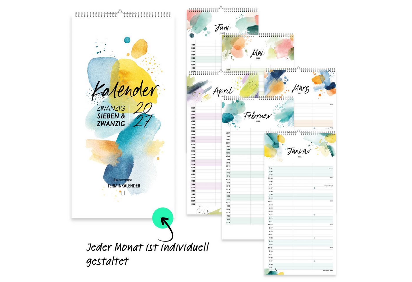 heaven+paper Partnerkalender Paarplaner Splash 3 Spalten 2027 künstlerisch, hochwertig, Hergestellt in Deutschland Bild 3
