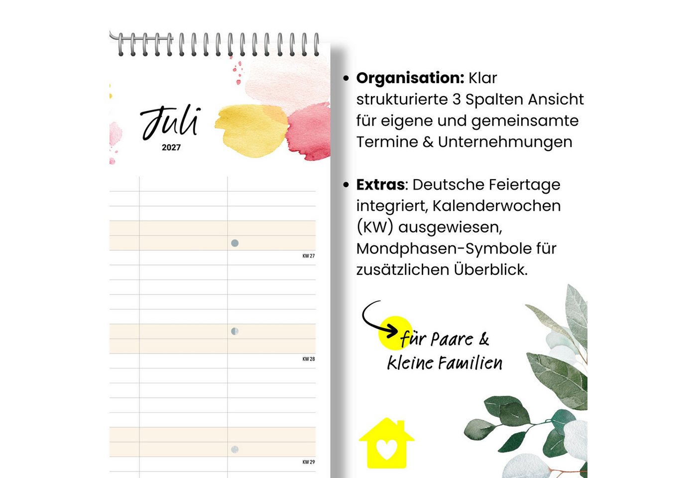 heaven+paper Partnerkalender Paarplaner Splash 3 Spalten 2027 künstlerisch, hochwertig, Hergestellt in Deutschland Bild 4