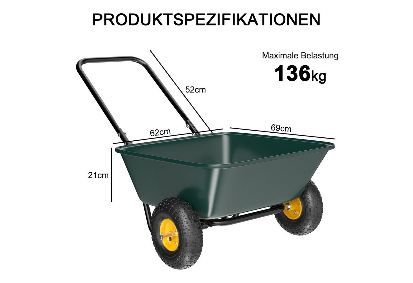 LALAHO Schubkarre Gartenwagen Transportkarre bis 135 kg, Bollerwagen Garden, Luftreifen, 118x62x66 cm Bild 3