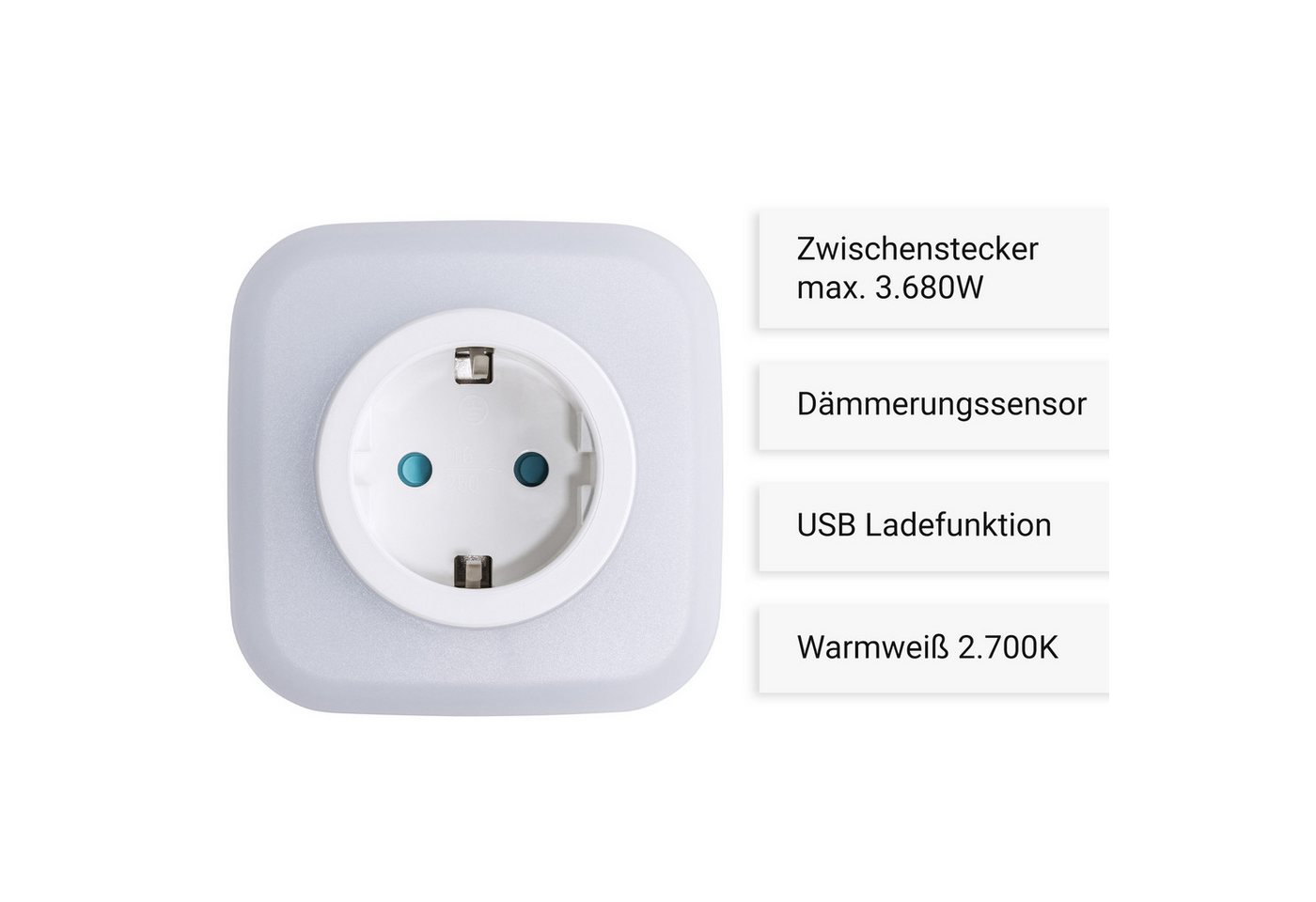 SEBSON LED Nachtlicht Steckdosenlampe 2er Set - Lichtsensor, USB, Ein- und Ausschalter, LED integriert, warmweiß, Zwischenstecker, USB-A und USB-C Anschluss, Dämmerungssensor, 230V