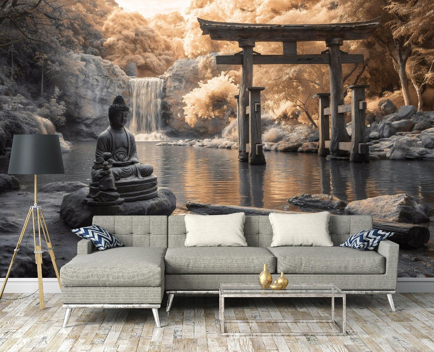 Wallarena Fototapete Buddha Wasserfall - Grau - Vlies - Schlafzimmer, glatt, (8 St), 400x280cm Bild 2