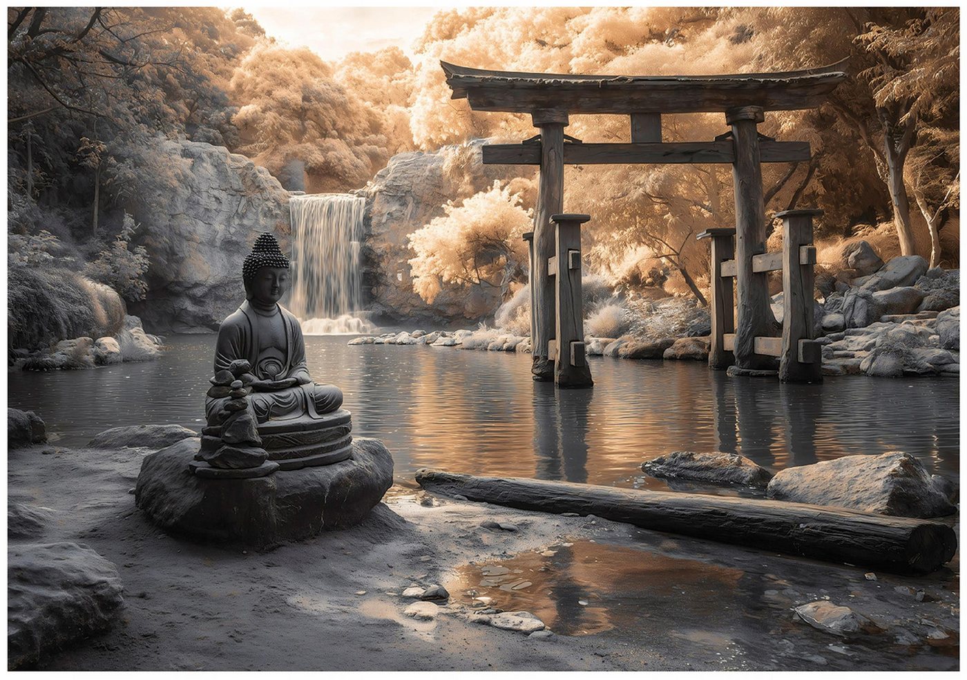 Wallarena Fototapete Buddha Wasserfall - Grau - Vlies - Schlafzimmer, glatt, (8 St), 400x280cm Bild 3