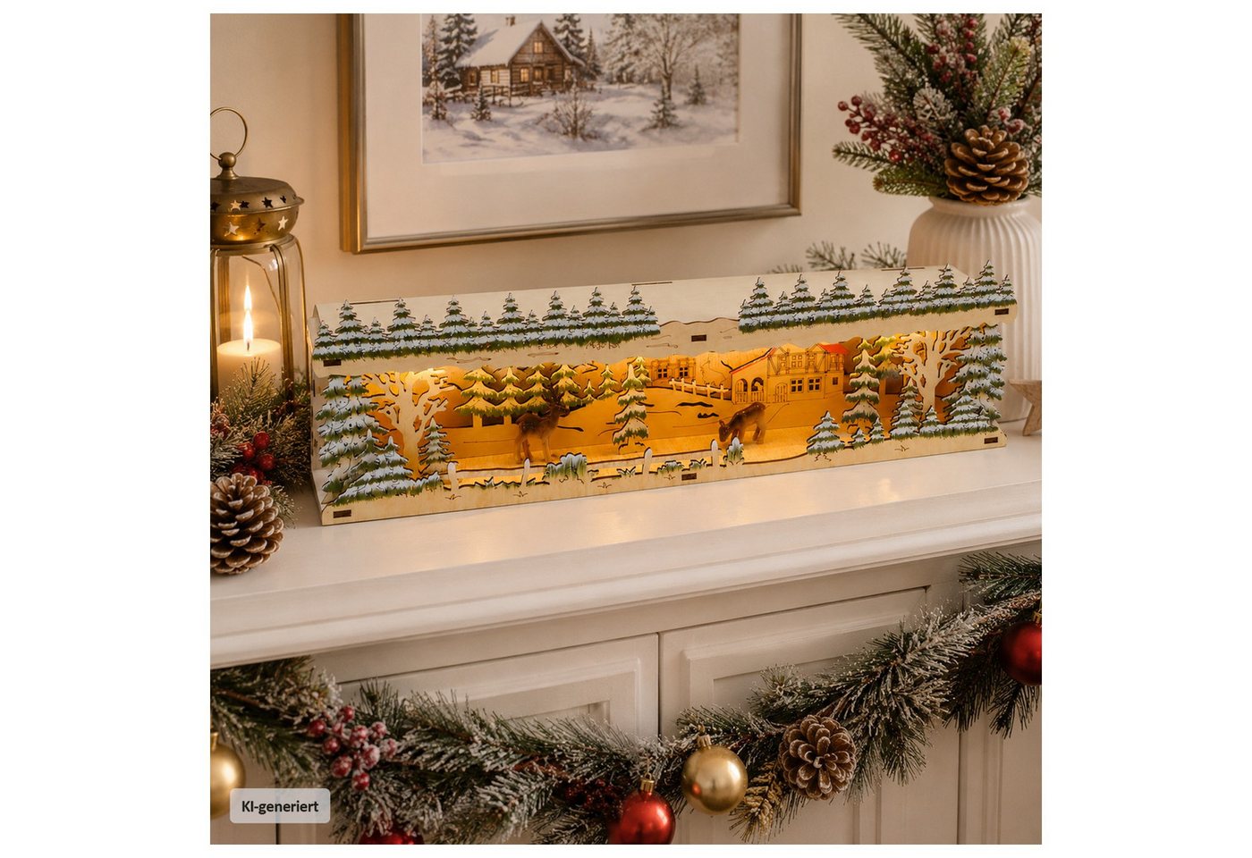 HTI-Living Schwibbogen-Fensterbank LED Schwibbogenbank Rentierwald (1-tlg), Stimmungsvolle Weihnachtsdekoration mit beleuchteter Winterszene