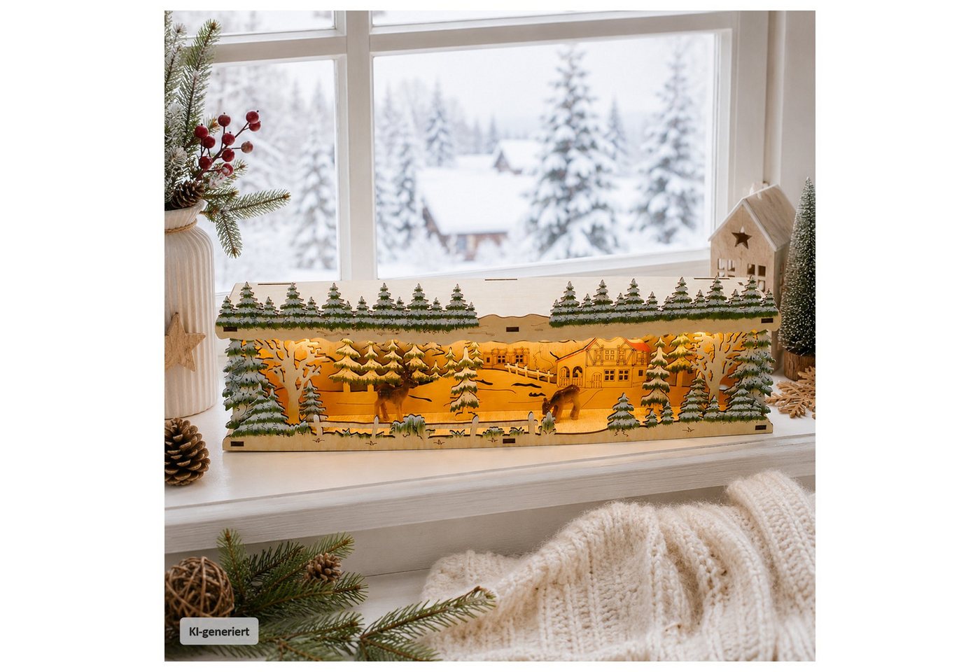 HTI-Living Schwibbogen-Fensterbank LED Schwibbogenbank Rentierwald (1-tlg), Stimmungsvolle Weihnachtsdekoration mit beleuchteter Winterszene Bild 3