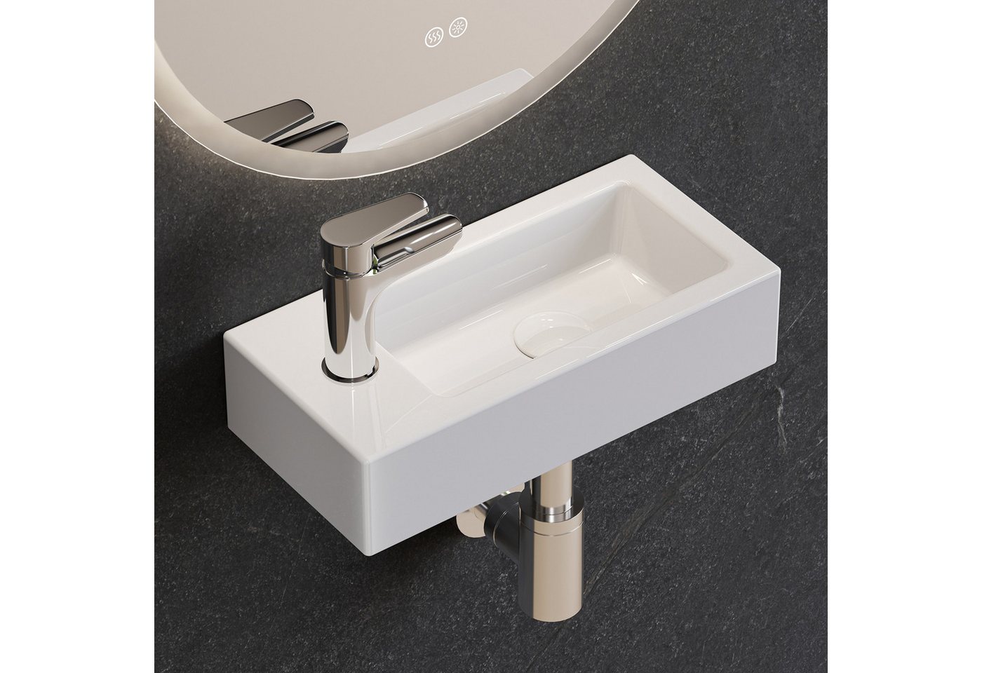 HOROW Waschbecken Mini Hänge-/Aufsatzwaschbecken mit Hahnloch für Bad /Gäste-WC (mit Hahnloch Rechts/Links, Eckig Weiß Waschbecken 37 x 18 x 9 cm), aus Keramik, einfach Montage Bild 2