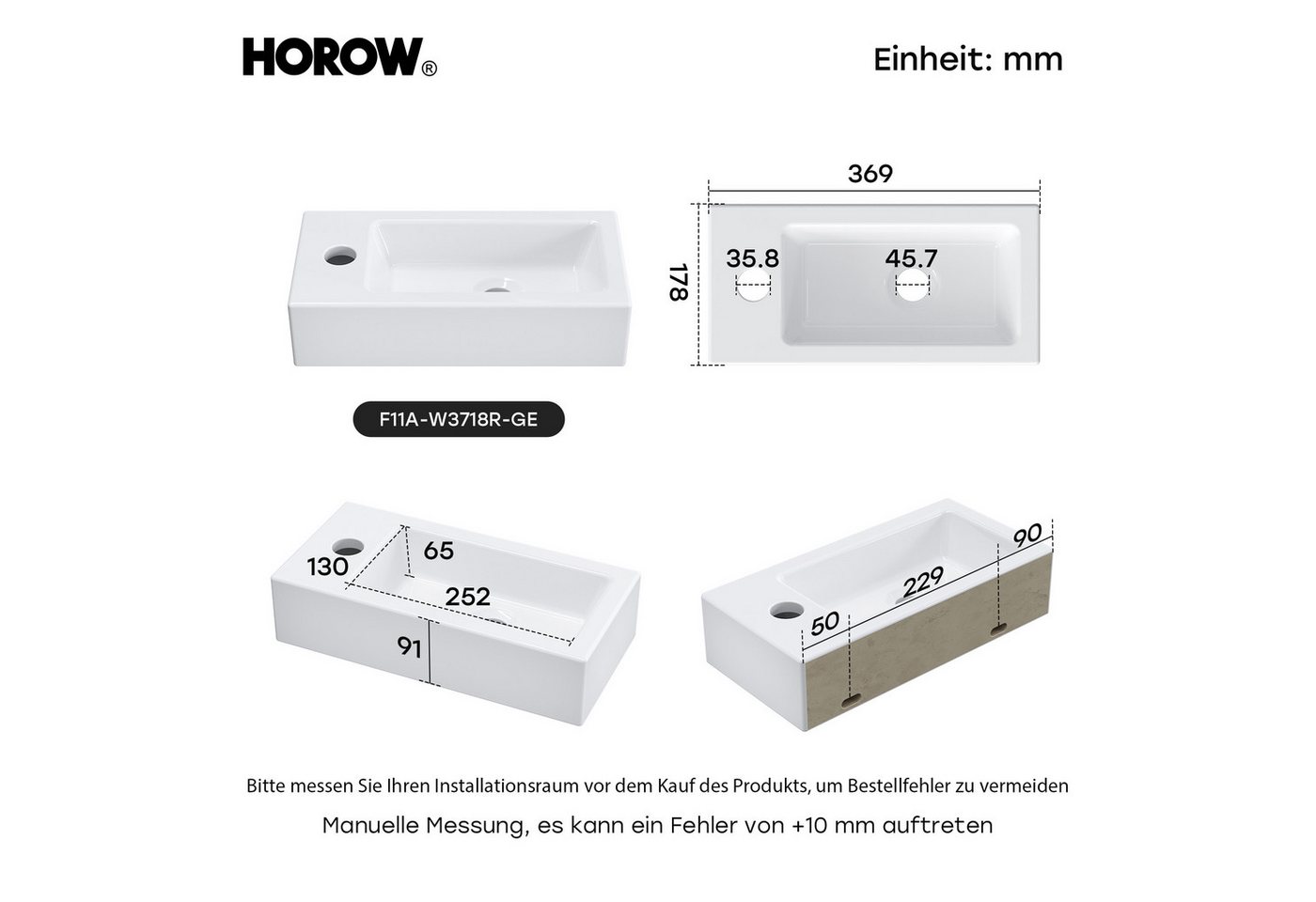 HOROW Waschbecken Mini Hänge-/Aufsatzwaschbecken mit Hahnloch für Bad /Gäste-WC (mit Hahnloch Rechts/Links, Eckig Weiß Waschbecken 37 x 18 x 9 cm), aus Keramik, einfach Montage Bild 4