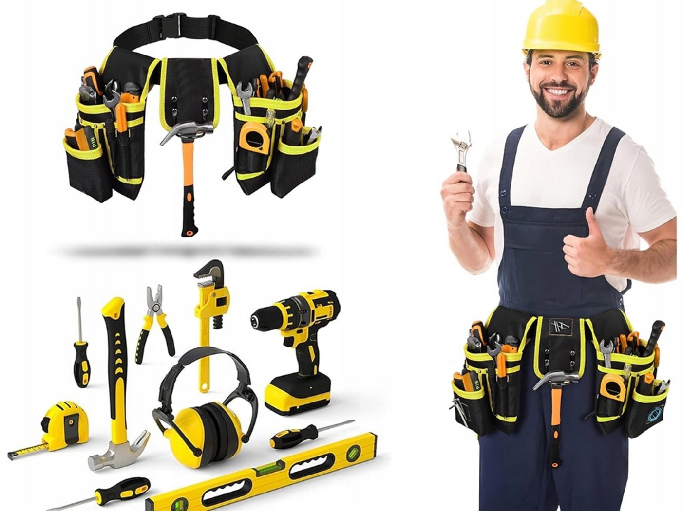 Verkgroup Werkzeughalter Werkzeuggürtel 22 Taschen Hammerhalter Montagegürtel bis 120 cm, Werkzeuggürtel Set mit Werkzeugtaschen und Hammerhalter, 1x Werkzeuggürtel, 2x Werkzeugtaschen, 1x Hammerhalter, 22 Taschen, Hammerhalter, verstellbar bis 120 cm, robustes Material