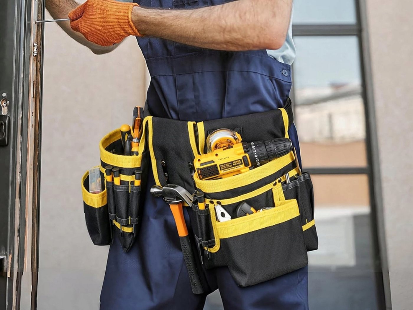 Verkgroup Werkzeughalter Werkzeuggürtel 22 Taschen Hammerhalter Montagegürtel bis 120 cm, Werkzeuggürtel Set mit Werkzeugtaschen und Hammerhalter, 1x Werkzeuggürtel, 2x Werkzeugtaschen, 1x Hammerhalter, 22 Taschen, Hammerhalter, verstellbar bis 120 cm, robustes Material Bild 4