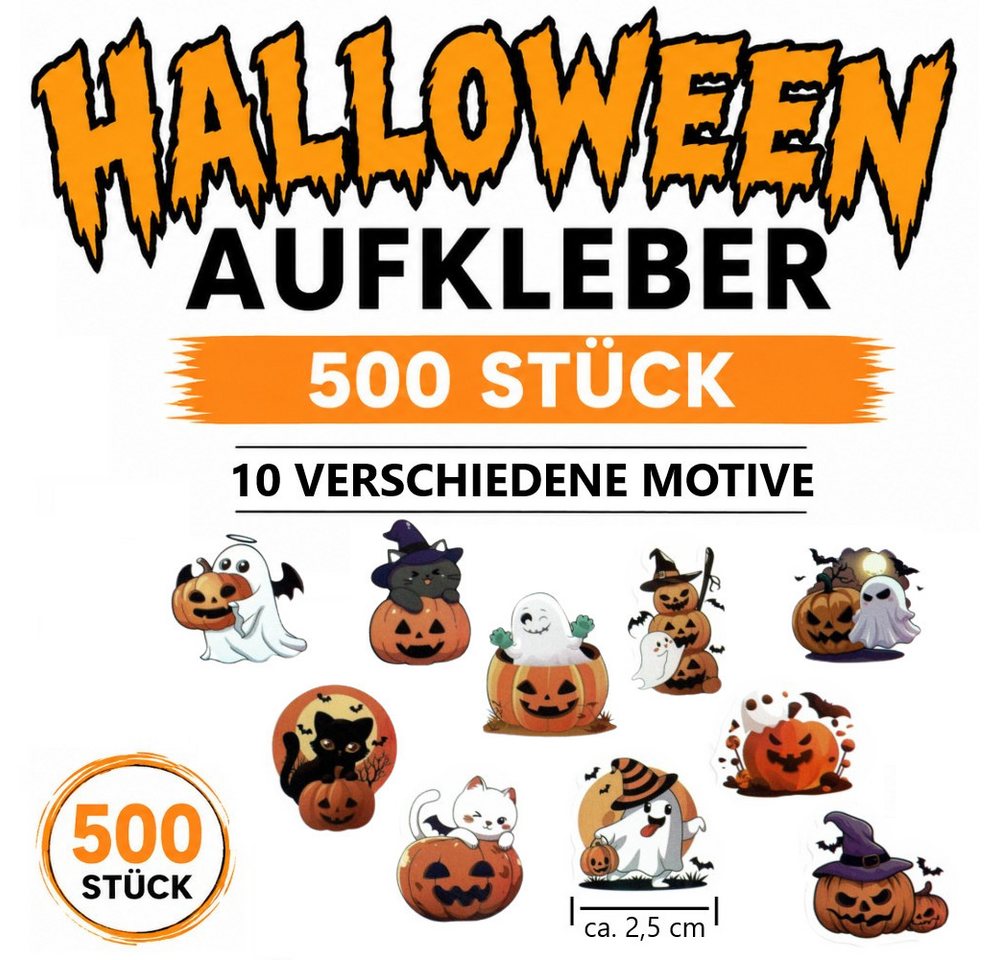 Ware aus aller Welt Sticker 500 Halloween Sticker – 10 Motive, ca. 2,5 cm selbstklebend Aufkleber, (500-tlg)