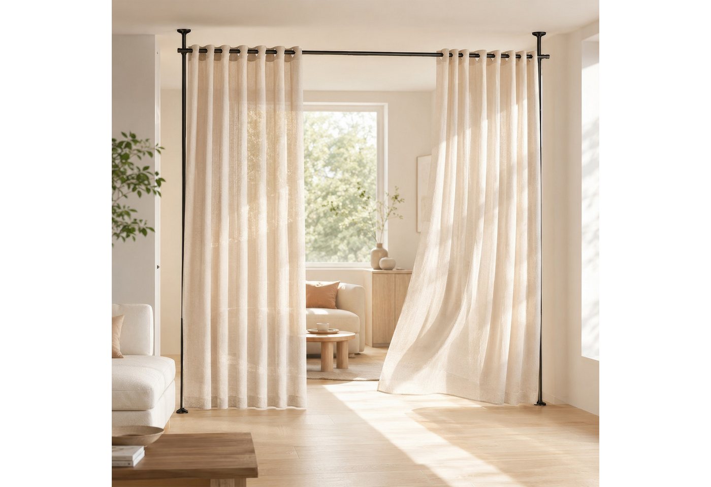 BlingBin Raumteiler Bohrfreier Raumteiler Spannstange, verstellbares Raumtrenn‑Spannsystem, 2‑vertikal 1‑horizontal, ohne Vorhang, Höhe 227‑312 cm, Breite 71‑178 cm 3-tlg., freistehende Sichtschutz Trennwand für Mietwohnung, Homeoffice, Balkon