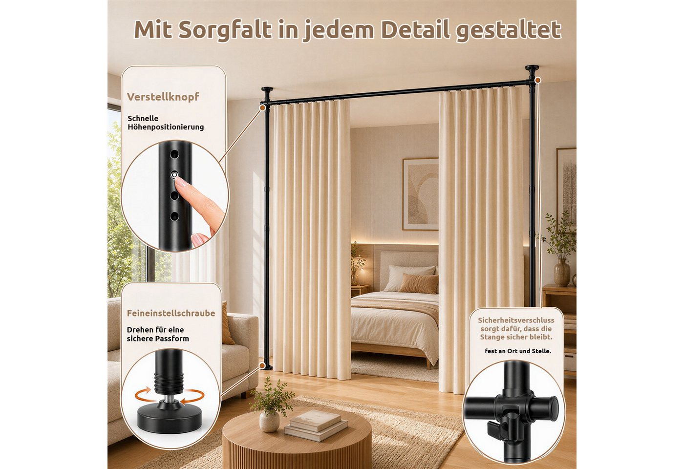 BlingBin Raumteiler Bohrfreier Raumteiler Spannstange, verstellbares Raumtrenn‑Spannsystem, 2‑vertikal 1‑horizontal, ohne Vorhang, Höhe 227‑312 cm, Breite 71‑178 cm 3-tlg., freistehende Sichtschutz Trennwand für Mietwohnung, Homeoffice, Balkon Bild 2