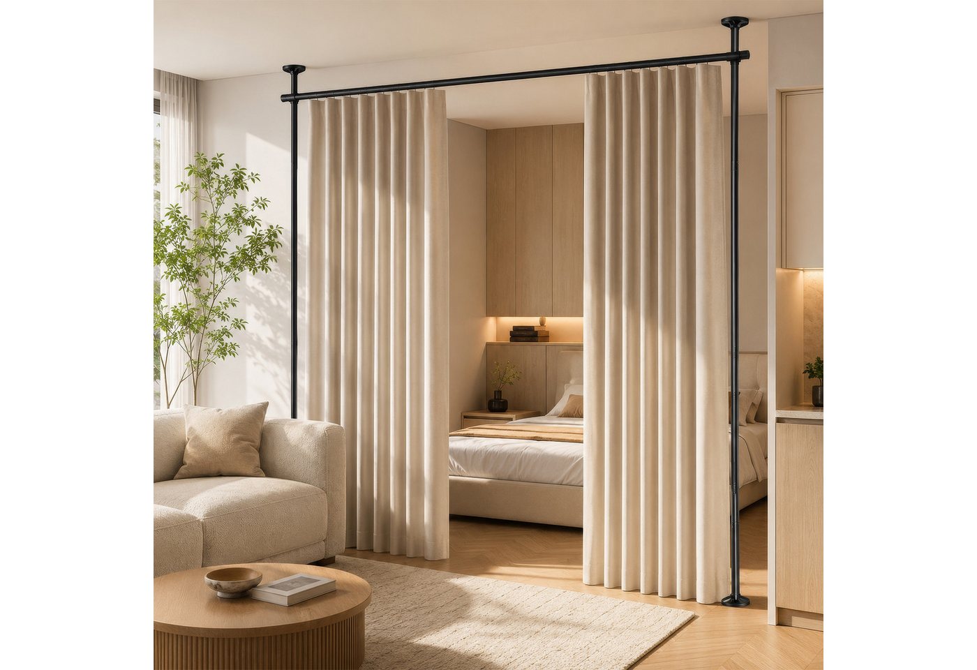 BlingBin Raumteiler Bohrfreier Raumteiler Spannstange, verstellbares Raumtrenn‑Spannsystem, 2‑vertikal 1‑horizontal, ohne Vorhang, Höhe 227‑312 cm, Breite 71‑178 cm 3-tlg., freistehende Sichtschutz Trennwand für Mietwohnung, Homeoffice, Balkon Bild 3