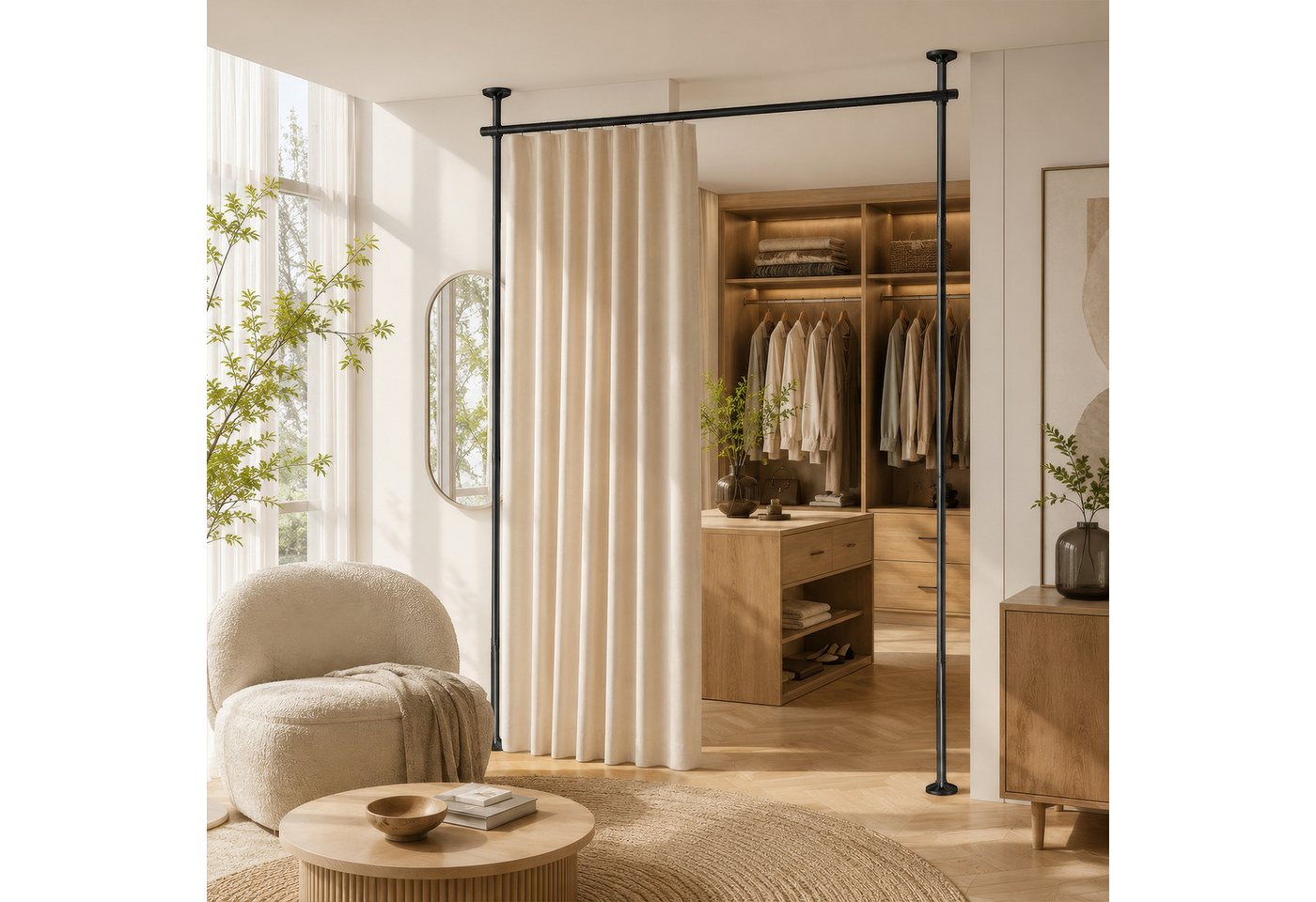 BlingBin Raumteiler Bohrfreier Raumteiler Spannstange, verstellbares Raumtrenn‑Spannsystem, 2‑vertikal 1‑horizontal, ohne Vorhang, Höhe 227‑312 cm, Breite 71‑178 cm 3-tlg., freistehende Sichtschutz Trennwand für Mietwohnung, Homeoffice, Balkon Bild 4