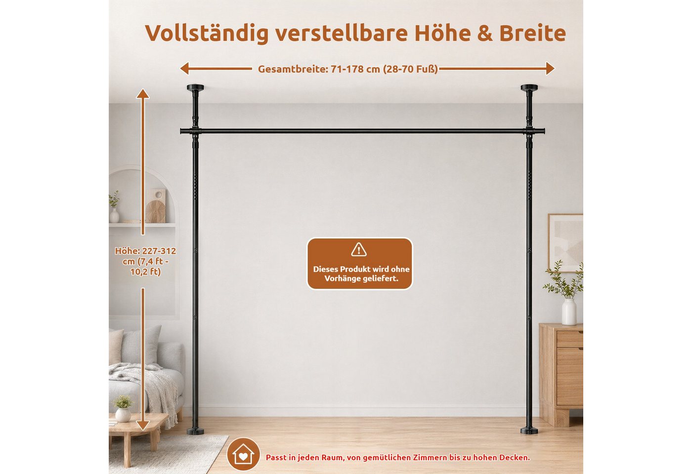 BlingBin Raumteiler Bohrfreier Raumteiler Spannstange, verstellbares Raumtrenn‑Spannsystem, 2‑vertikal 1‑horizontal, ohne Vorhang, Höhe 227‑312 cm, Breite 71‑178 cm 3-tlg., freistehende Sichtschutz Trennwand für Mietwohnung, Homeoffice, Balkon Bild 5