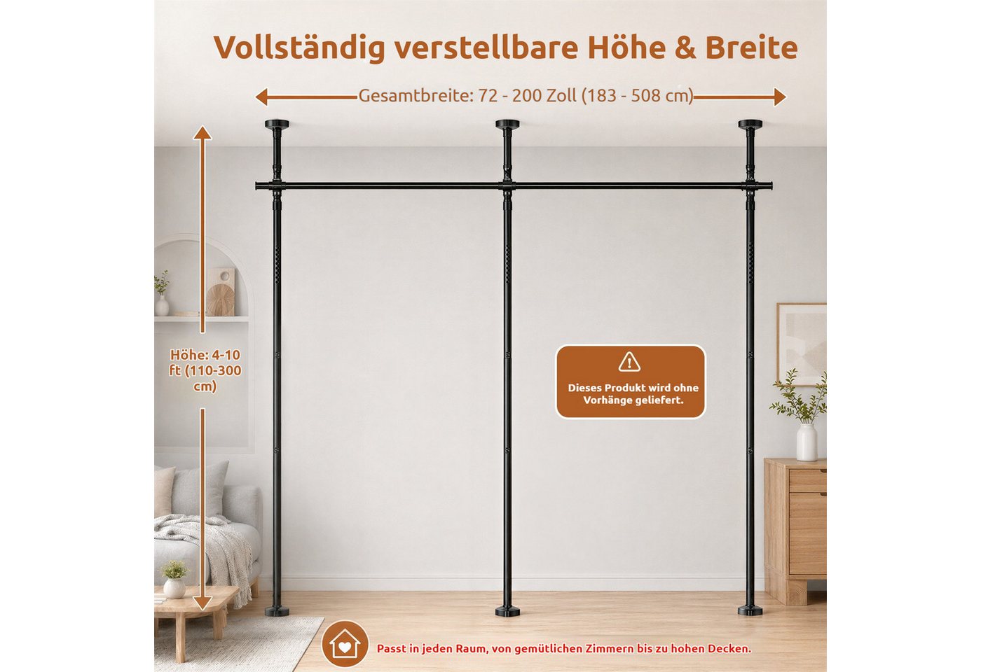 BlingBin Raumteiler Bohrfreier Raumteiler Spannstange, verstellbares Raumtrenn‑Spannsystem, 3‑vertikal 2‑horizontal, ohne Vorhang,Höhe 110‑300 cm,Breite 183‑508 cm 5-tlg., freistehende Sichtschutz Trennwand für Mietwohnung, Homeoffice, Balkon