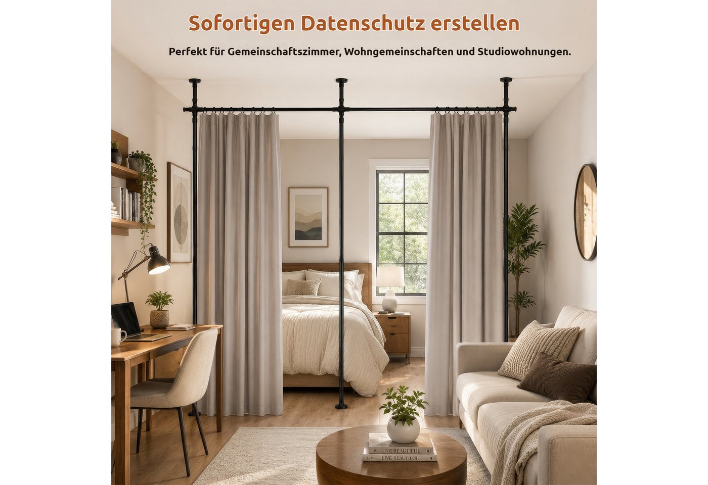 BlingBin Raumteiler Bohrfreier Raumteiler Spannstange, verstellbares Raumtrenn‑Spannsystem, 3‑vertikal 2‑horizontal, ohne Vorhang,Höhe 110‑300 cm,Breite 183‑508 cm 5-tlg., freistehende Sichtschutz Trennwand für Mietwohnung, Homeoffice, Balkon Bild 2