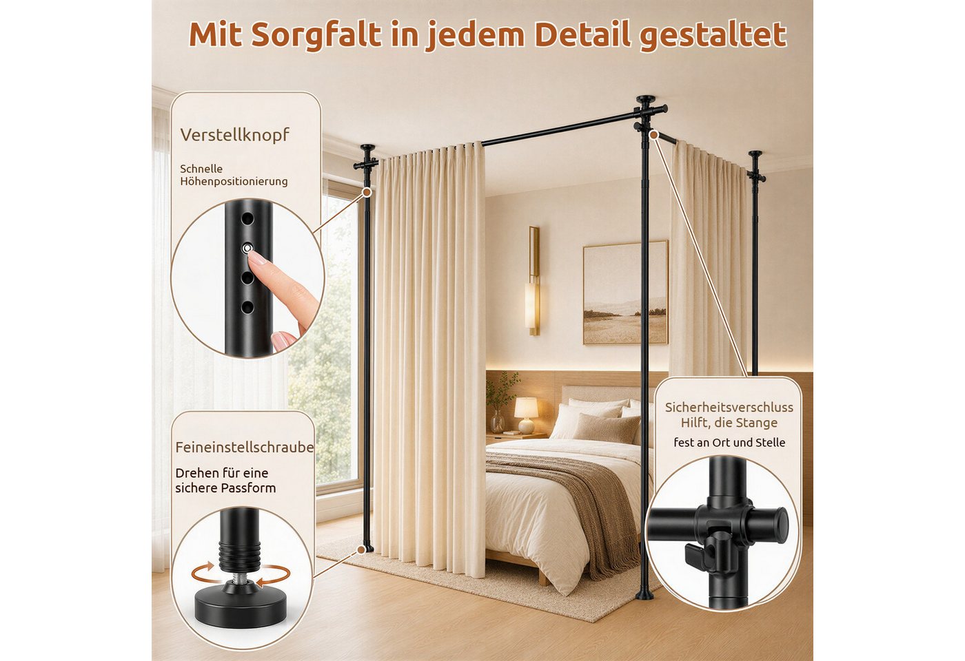 BlingBin Raumteiler Bohrfreier Raumteiler Spannstange, verstellbares Raumtrenn‑Spannsystem, 3‑vertikal 2‑horizontal, ohne Vorhang,Höhe 110‑300 cm,Breite 183‑508 cm 5-tlg., freistehende Sichtschutz Trennwand für Mietwohnung, Homeoffice, Balkon Bild 3