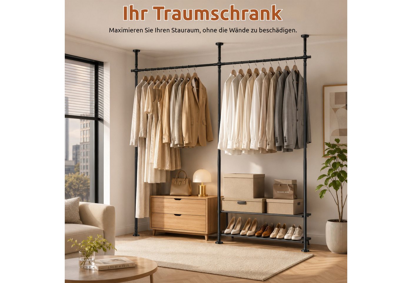 BlingBin Raumteiler Bohrfreier Raumteiler Spannstange, verstellbares Raumtrenn‑Spannsystem, 3‑vertikal 2‑horizontal, ohne Vorhang,Höhe 110‑300 cm,Breite 183‑508 cm 5-tlg., freistehende Sichtschutz Trennwand für Mietwohnung, Homeoffice, Balkon Bild 4