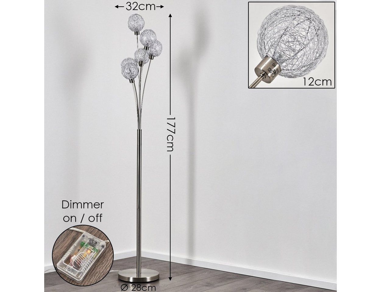 hofstein Stehlampe »Lerici« stufenlos dimmbar, Nickel-matt/Silberfarben, ohne Leuchtmittel, Stehleuchte, mit 6 Drahtkugeln, 6xG9,mit Fußschalter am Kabel