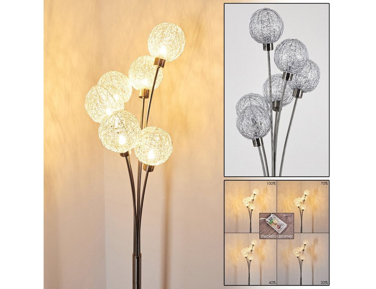 hofstein Stehlampe »Lerici« stufenlos dimmbar, Nickel-matt/Silberfarben, ohne Leuchtmittel, Stehleuchte, mit 6 Drahtkugeln, 6xG9,mit Fußschalter am Kabel Bild 5