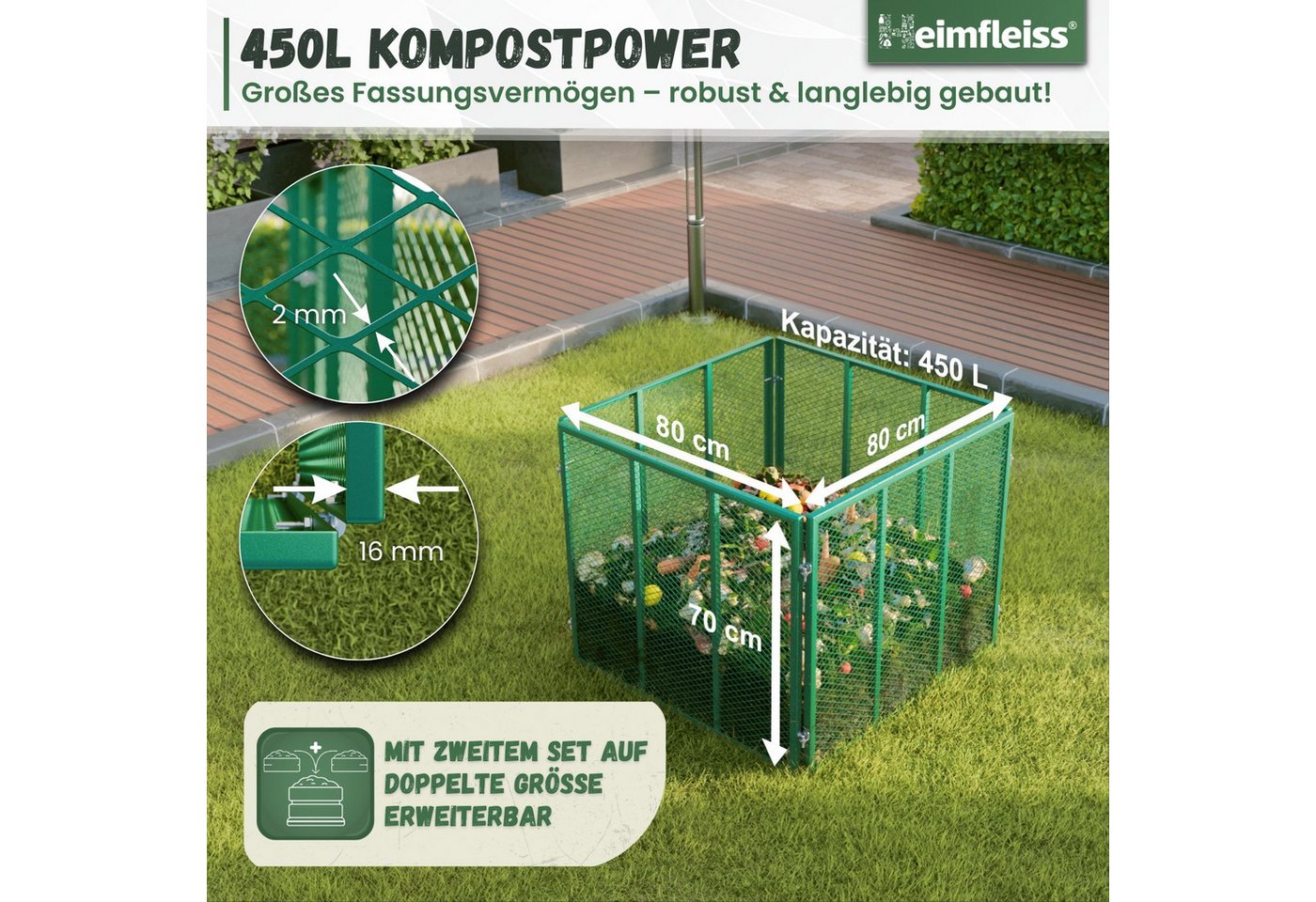 Heimfleiss® Komposter Metall verzinkt Garten Stecksystem, BxTxH: 80x80x70 cm, 450 l, 450 L 80x80x70 cm