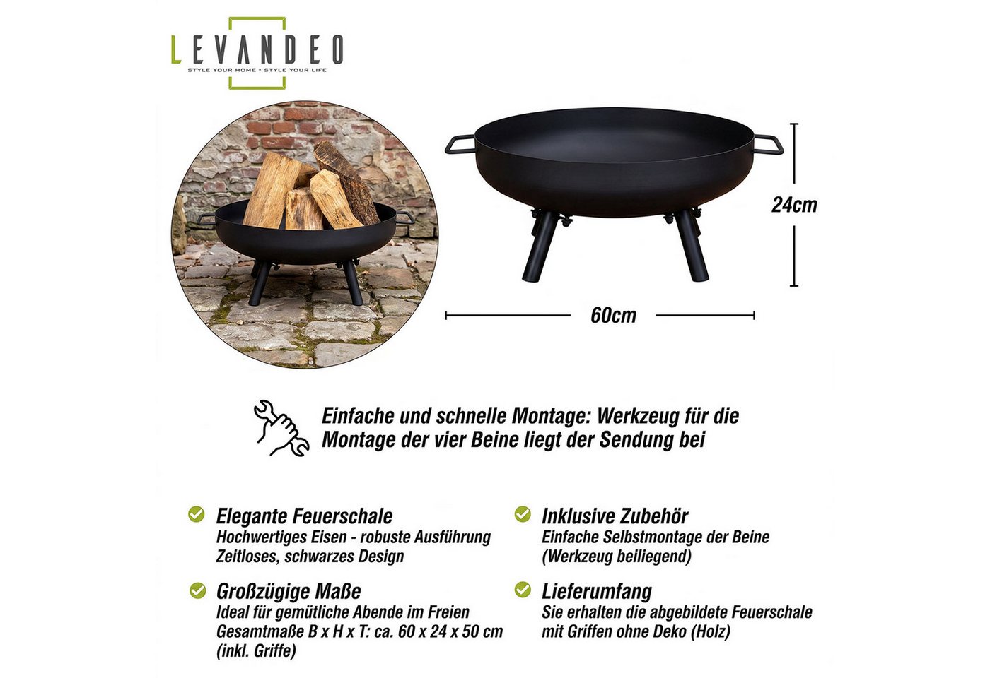 Levandeo® Feuerschale, Feuerschale Garten 50cm Eisen Schwarz Feuerstelle Terrasse Outdoor Bild 2