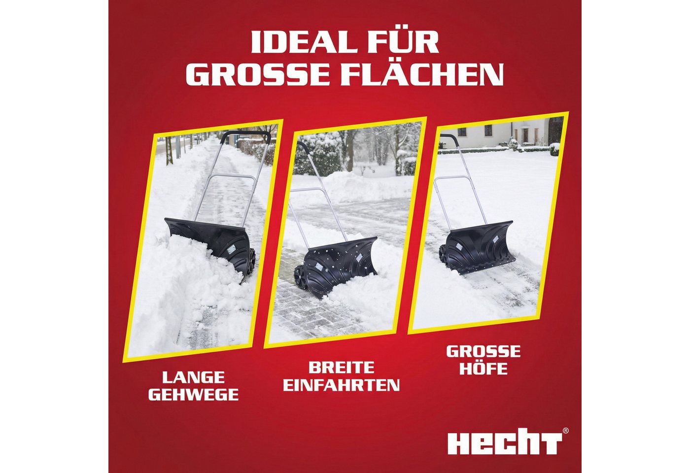 Hecht Schneeschieber Schneeschaufel mit Stiel und Rädern Stahlprofilkante Ergonomisch, 66,00 cm Arbeitsbreite, mit 115,00 cm langem Stiel, Höhenverstellbar - Kunststoffschild - kälteisolierter Griff