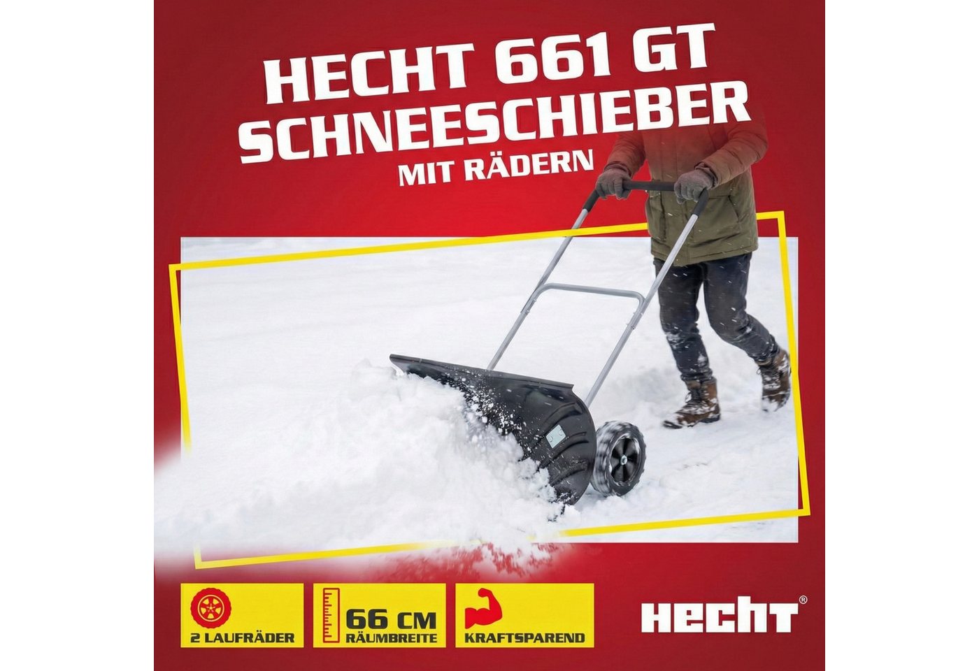 Hecht Schneeschieber Schneeschaufel mit Stiel und Rädern Stahlprofilkante Ergonomisch, 66,00 cm Arbeitsbreite, mit 115,00 cm langem Stiel, Höhenverstellbar - Kunststoffschild - kälteisolierter Griff Bild 2
