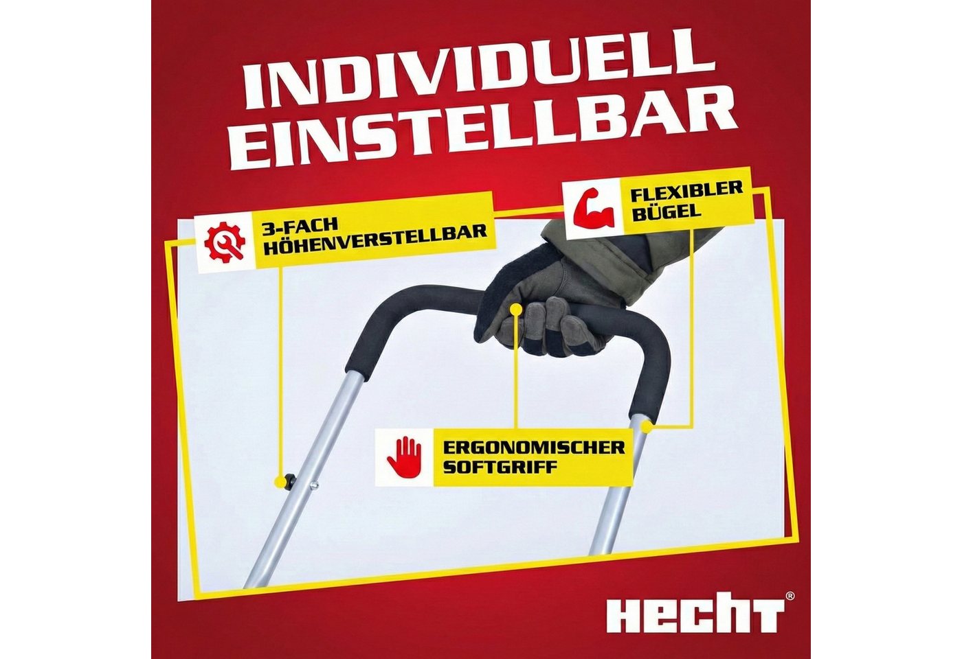 Hecht Schneeschieber Schneeschaufel mit Stiel und Rädern Stahlprofilkante Ergonomisch, 66,00 cm Arbeitsbreite, mit 115,00 cm langem Stiel, Höhenverstellbar - Kunststoffschild - kälteisolierter Griff Bild 5