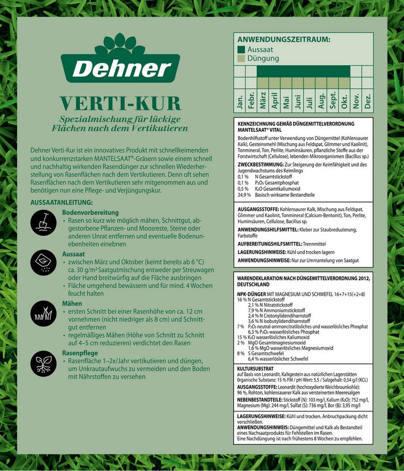 Dehner Rasensamen Rasen Verti-Kur Saatgut, mit Dünger & Substrat, 4,5 kg, zur Regeneration, mit Mantelsaat, pflegeleicht Bild 2