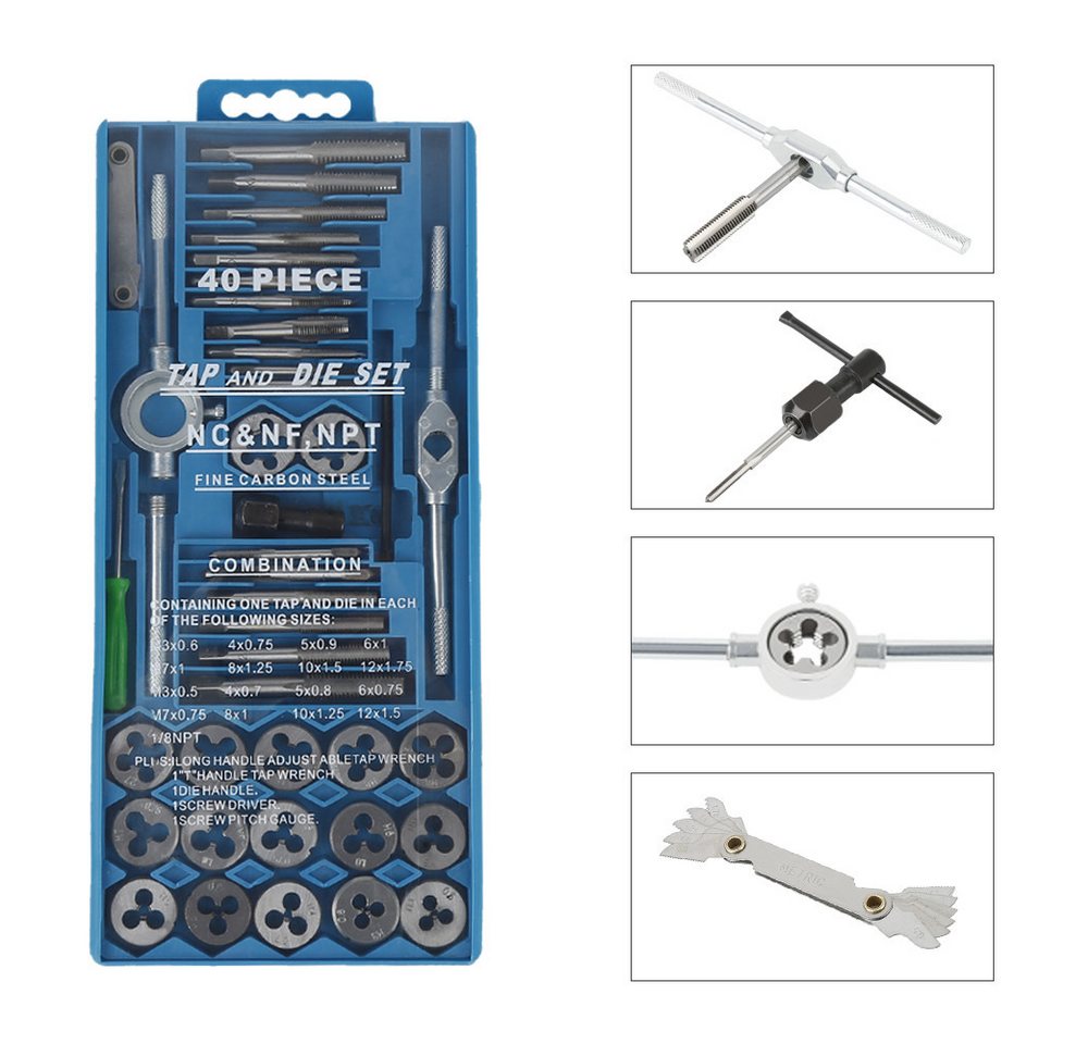 JEOBEST Gewindeschneider Gewindebohrer und Schneideisen Set, (40-tlg) mit Windeisen, Metall