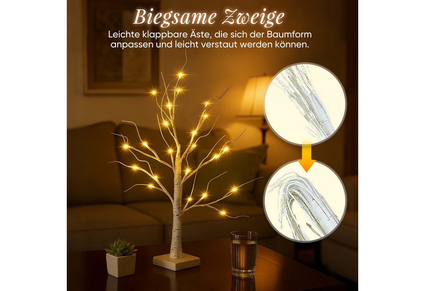Salcar LED-Lichterkette LED Baum Lichter Warmweiß Weihnachten LED Birkenbaum, 2PCS 60cm LED Lichterbaum Innen mit 24 LEDs Licht Bild 5