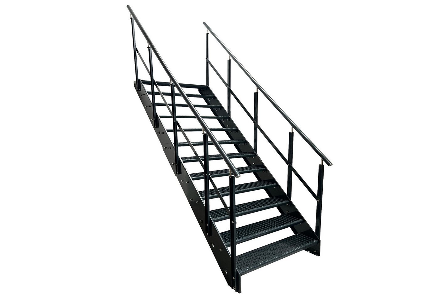 Kaminbau Mierzwa Außentreppe Stahltreppe 12 Stufen Anthrazit mit und ohne Geländer Höhe 228 cm, für Geschosshöhen bis 228 cm, Stufen Gitterroststufen nach DIN 24531, (Stufenbreite und Geländerart wählbar), Aus Premium Materialien hergestellt
