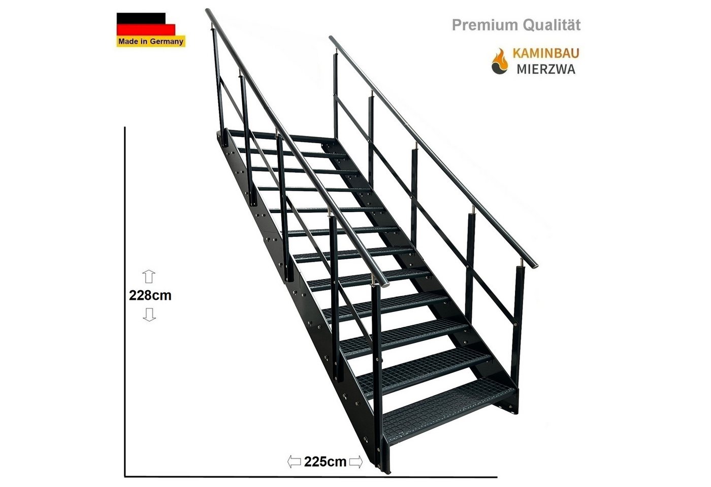 Kaminbau Mierzwa Außentreppe Stahltreppe 12 Stufen Anthrazit mit und ohne Geländer Höhe 228 cm, für Geschosshöhen bis 228 cm, Stufen Gitterroststufen nach DIN 24531, (Stufenbreite und Geländerart wählbar), Aus Premium Materialien hergestellt Bild 3