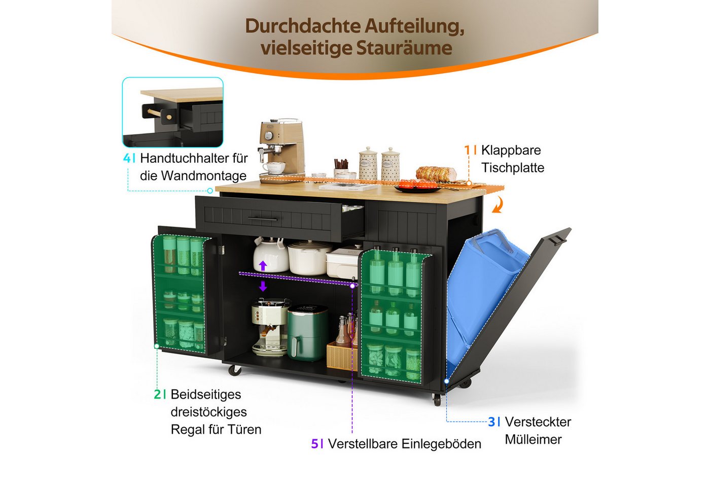 i@home Kücheninsel Küchenwagen mit klappbarer Arbeitsplatte und Mülleimerschrank, (auf Rollen mit Feststellbremse), 1 Schublade, Ablage über der Tür, freistehend Bild 3