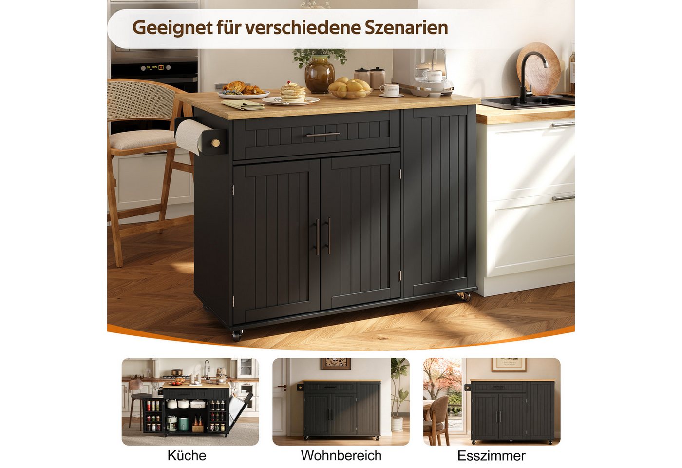 i@home Kücheninsel Küchenwagen mit klappbarer Arbeitsplatte und Mülleimerschrank, (auf Rollen mit Feststellbremse), 1 Schublade, Ablage über der Tür, freistehend Bild 4