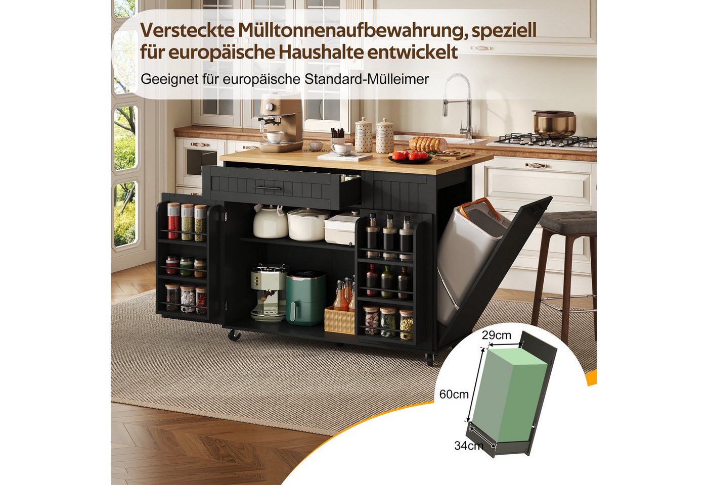 i@home Kücheninsel Küchenwagen mit klappbarer Arbeitsplatte und Mülleimerschrank, (auf Rollen mit Feststellbremse), 1 Schublade, Ablage über der Tür, freistehend Bild 5
