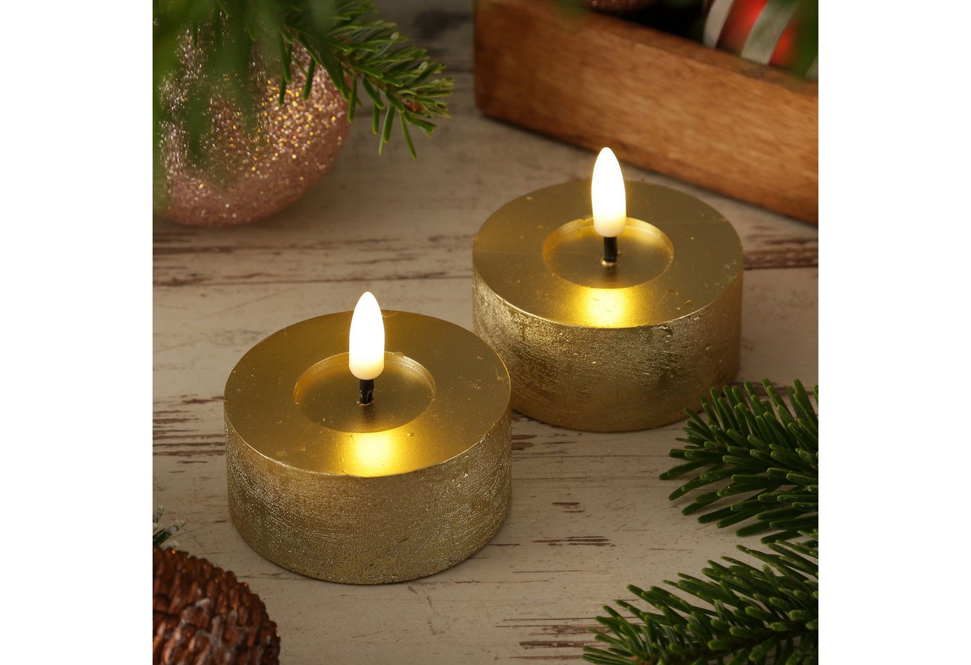MARELIDA LED-Teelicht LED Maxi Teelichter Lina Rustik Optik Echtwachs D: 7cm gold 2er Set, LED Classic, warmweiß (2100K bis 3000K)