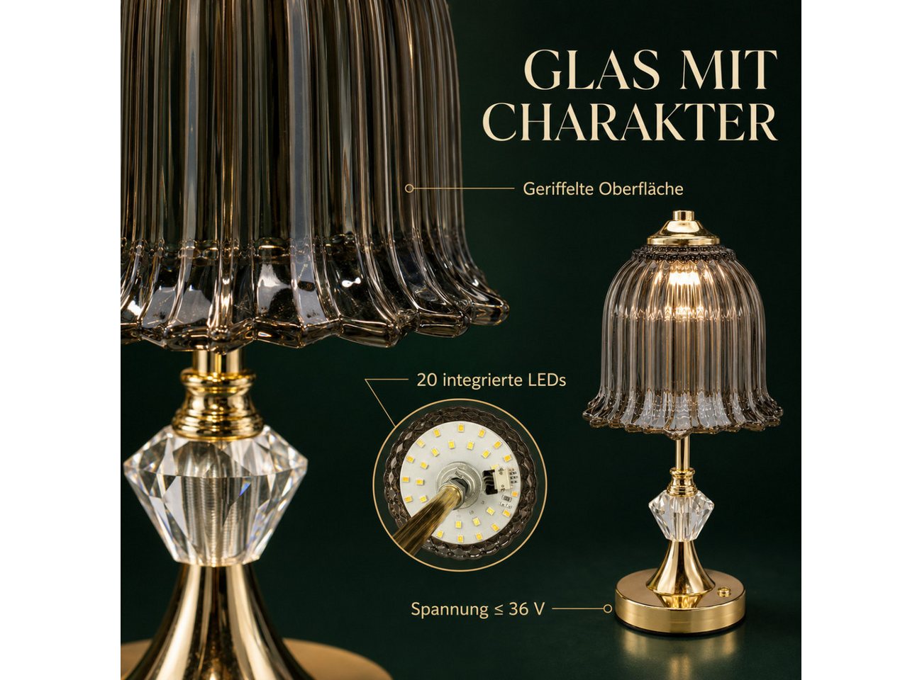 ibettertec LED Nachttischlampe LED-Tischleuchte mit Glasschirm, USB-C aufladbar, 3 Lichtfarben, Leuchtmittel, Schlafzimmerbeleuchtung, Ambientelampe, Stimmungslicht, Dekoleuchte, Nachtlicht, Touch-Sensor, 20 LEDs, Retro-Blütendesign, Gold/Rauchgrau