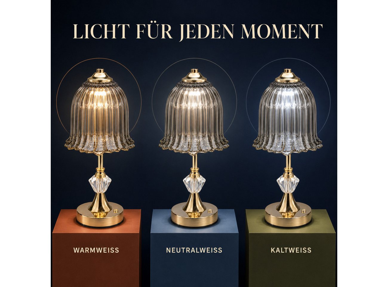 ibettertec LED Nachttischlampe LED-Tischleuchte mit Glasschirm, USB-C aufladbar, 3 Lichtfarben, Leuchtmittel, Schlafzimmerbeleuchtung, Ambientelampe, Stimmungslicht, Dekoleuchte, Nachtlicht, Touch-Sensor, 20 LEDs, Retro-Blütendesign, Gold/Rauchgrau Bild 2