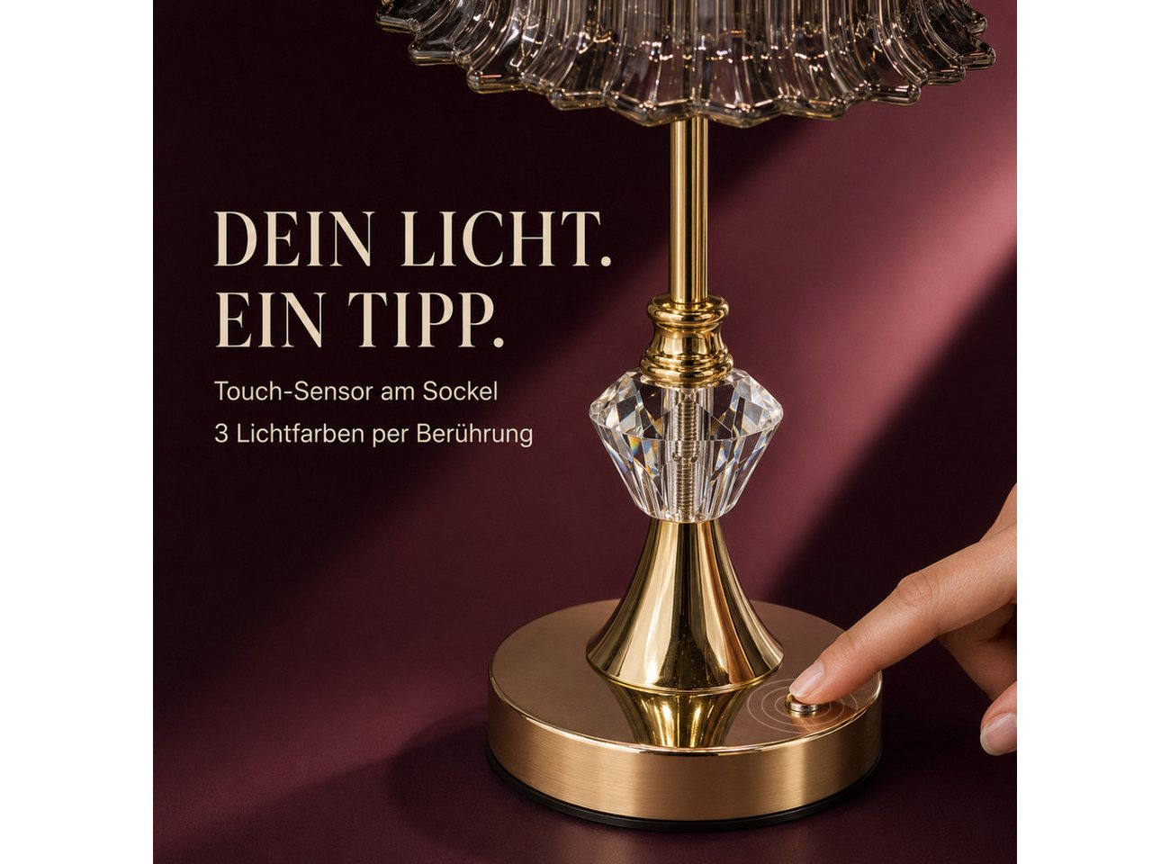 ibettertec LED Nachttischlampe LED-Tischleuchte mit Glasschirm, USB-C aufladbar, 3 Lichtfarben, Leuchtmittel, Schlafzimmerbeleuchtung, Ambientelampe, Stimmungslicht, Dekoleuchte, Nachtlicht, Touch-Sensor, 20 LEDs, Retro-Blütendesign, Gold/Rauchgrau Bild 3