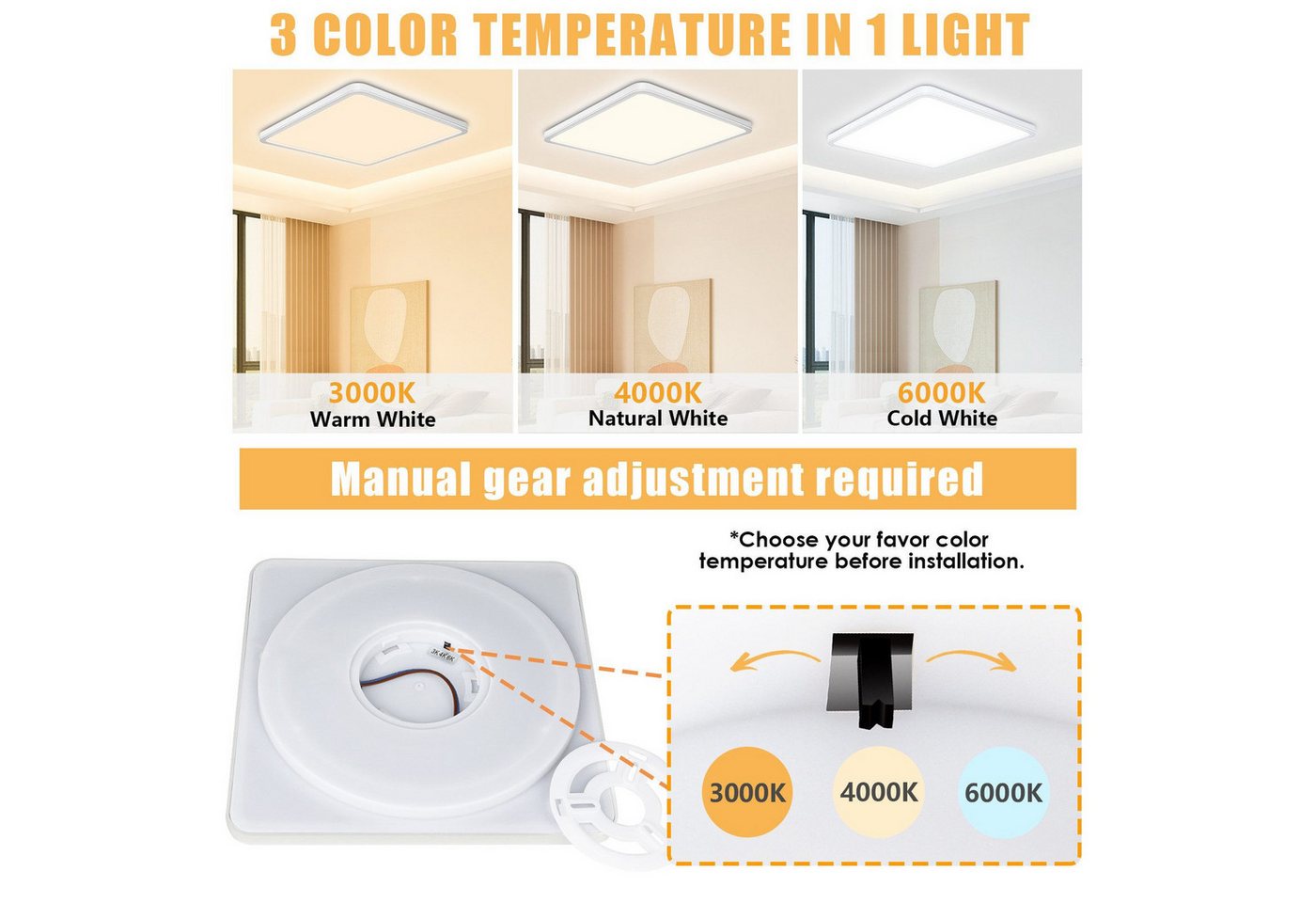POPOLIC LED Deckenleuchte Quadrat Flach Ø30cm, 3200 Lumen, IP54 spritzwassergeschützt, 3-stufige Farbtemperatur (3000K/4000K/6000K), für Wohnzimmer, Schlafzimmer, Küche, Balkon, Büro, Flur