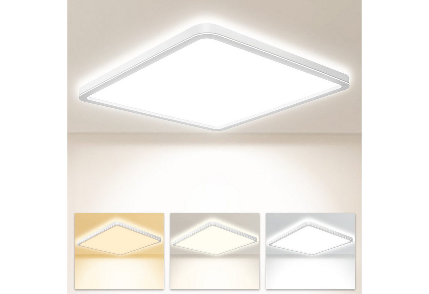 POPOLIC LED Deckenleuchte Quadrat Flach Ø30cm, 3200 Lumen, IP54 spritzwassergeschützt, 3-stufige Farbtemperatur (3000K/4000K/6000K), für Wohnzimmer, Schlafzimmer, Küche, Balkon, Büro, Flur Bild 2