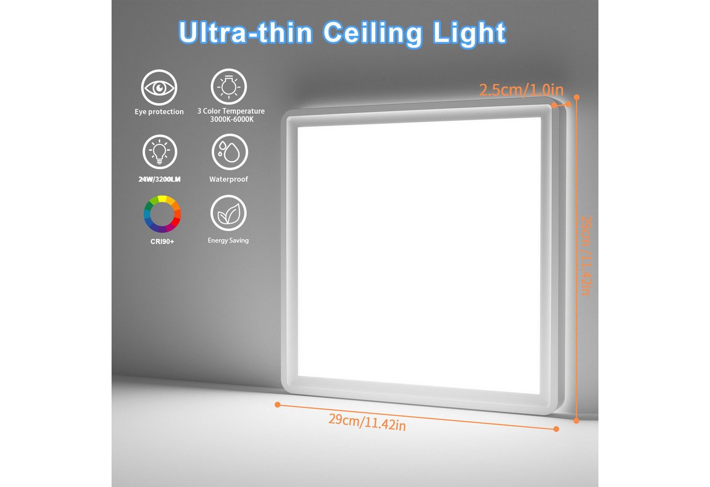 POPOLIC LED Deckenleuchte Quadrat Flach Ø30cm, 3200 Lumen, IP54 spritzwassergeschützt, 3-stufige Farbtemperatur (3000K/4000K/6000K), für Wohnzimmer, Schlafzimmer, Küche, Balkon, Büro, Flur Bild 3